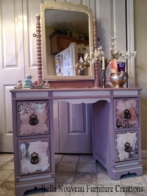 Once Upon A Time Vanity Makeover By Bella Nouveau Furniture Creations - Featured… Vintage Vanity Makeover, Purple Furniture, Nouveau Furniture, Diy Kids Furniture, Vanity Makeover, Painted Vanity, Kids' Furniture, Funky Furniture, Refurbished Furniture