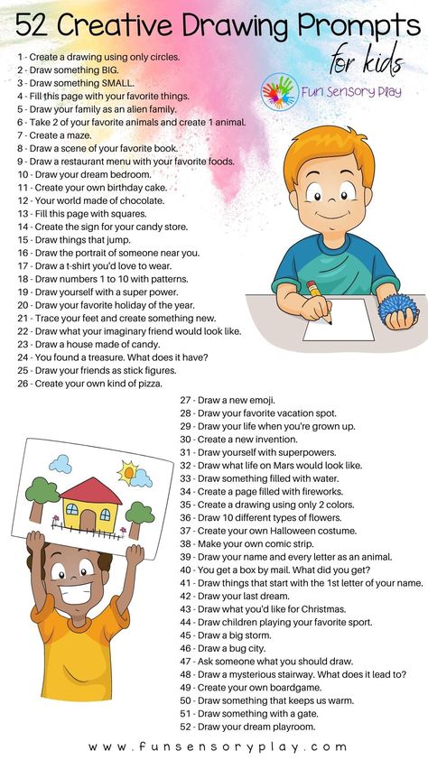 Creative drawing prompts for kids Fun Drawing Prompts, How To Imagine Things, Drawing Ideas For Classroom, Funny Art Prompts, Kindergarten Drawing Prompts, Drawing Club Ideas, Middle School Drawing Prompts, Fun At School Drawing Competition, Kids Drawing Challenge