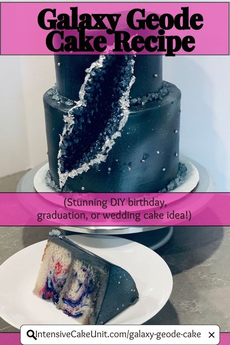 Galaxy Geode cake decorated with gray, pink, blue, and purple food coloring and geode center outlined with silver leaf. Blue, purple, and pink swirls in cake layers. Birthday Cake Galaxy, Diy Graduation Cake, Wedding Cake Diy, Cake Galaxy, Geode Wedding Cake, Cake Spray, Airbrush Cake, Alternative Wedding Cakes, Cream Cheese Buttercream Frosting