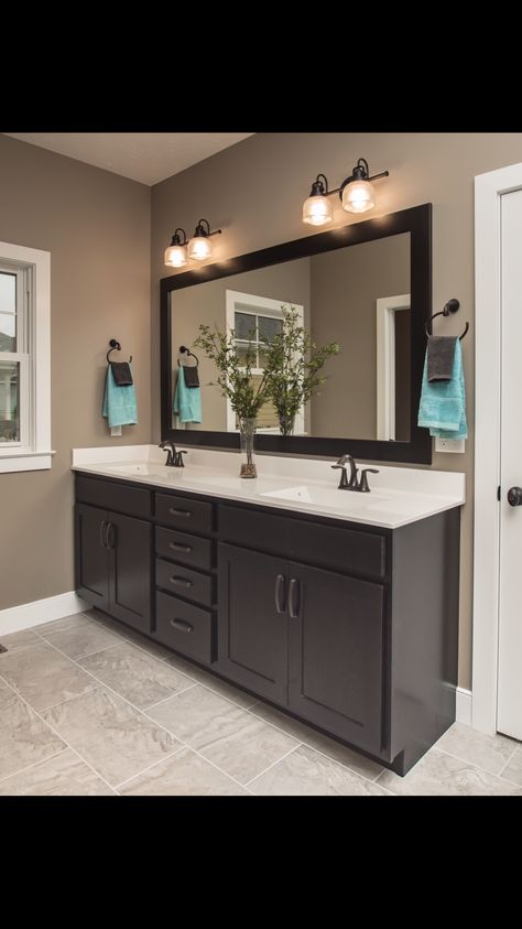 Bathrooms With Dark Cabinets And White Countertops, Bathroom Tile With Dark Cabinets, Black Bathroom Cabinets Farmhouse, Black And Taupe Bathroom, Dark Brown Cabinets Bathroom, Restroom Color Ideas Paint, Dark Cabinet Bathroom, Dark Brown Vanity Bathroom, Oil Rubbed Bronze Bathroom Color Scheme