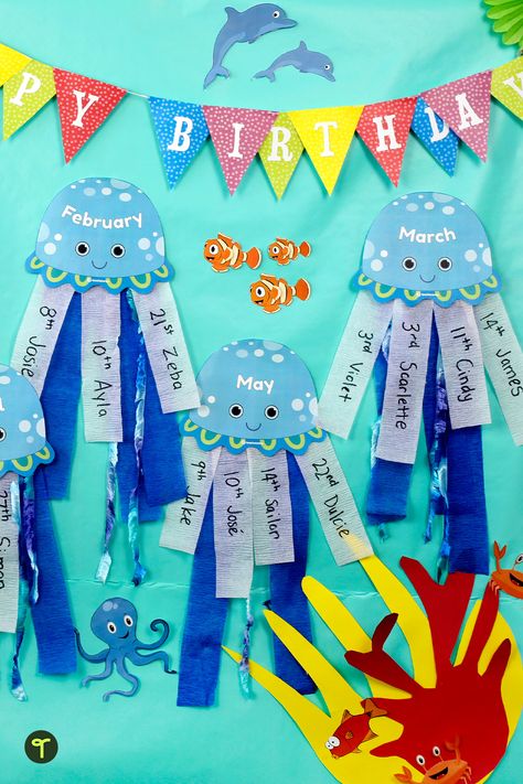 Birthday Classroom Display, Classroom Display Ideas, Deco Theme Marin, Ocean Classroom Decor, Birthday Classroom, Paper Decoration Ideas, Preschool Classroom Themes, Birthday Display In Classroom, Birthday Bulletin Board