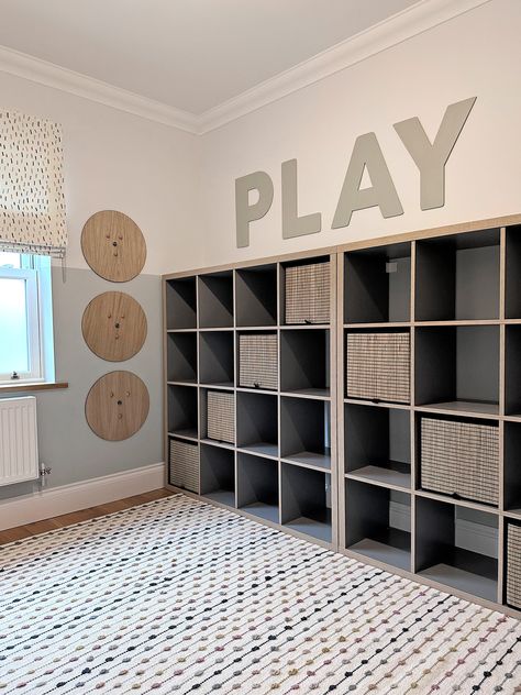 Modern Playroom Ideas For Adults, Play Room For Teenage, Basement Family Room Playroom, Billy Bookcase Playroom Storage, Den Playroom Ideas, Ikea Playroom Storage Ideas, Small Kids Play Area, Industrial Playroom, Unfinished Basement Playroom