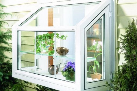 Exterior view of Simonton garden window Kitchen Garden Greenhouse Window, Terrarium Window Kitchen, Green House Windows Kitchen, Kitchen Window Box Over Sink, Diy Garden Window, Greenhouse Window Kitchen, Kitchen Garden Window Over Sink, Kitchen Garden Window Ideas, Garden Window Kitchen