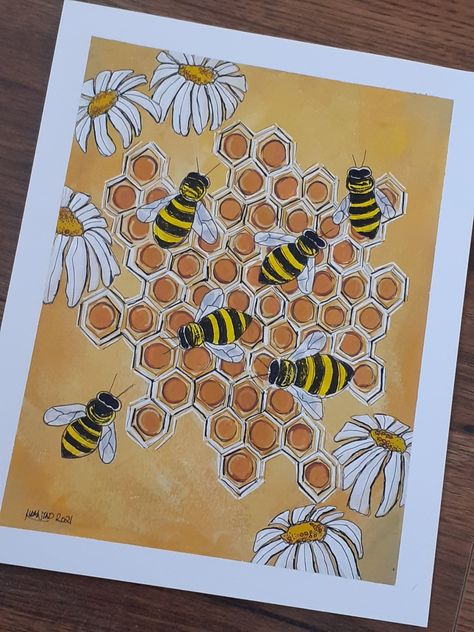 Honey Bee Hive Drawing, Honeycomb Painting Acrylic, Painting Honeycomb, Bee Acrylic Painting, Honeycomb Painting, Honeycombs Drawings, Easel Ideas, Kitchen Paintings, Stamp Drawing