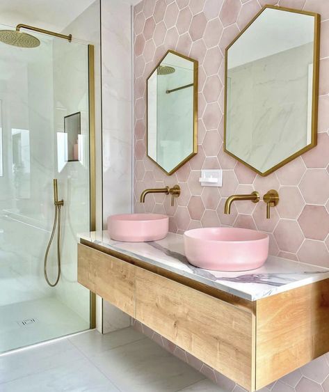 Girly Bathroom Ideas For Women, Pink Tile Bathroom, Girly Bathroom Ideas, Girly Bathroom, Girl Bathrooms, Pink Bathroom Decor, Jack And Jill Bathroom, Double Vanity Bathroom