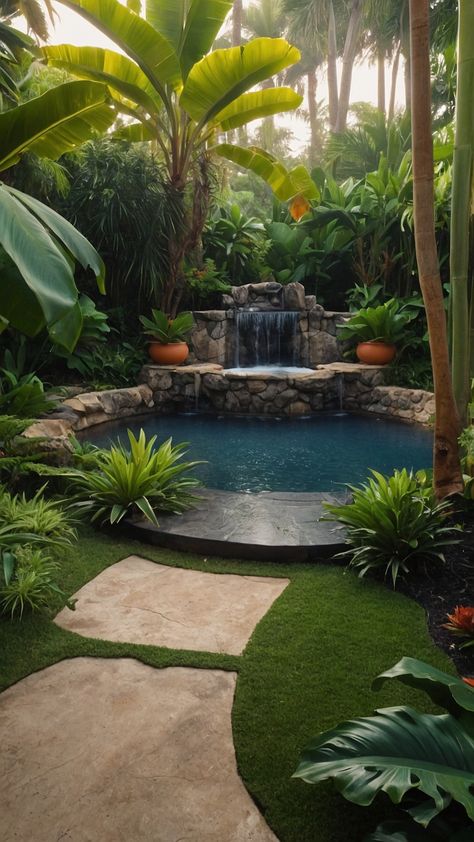 Transform your outdoor oasis with these tropical backyard landscaping ideas featuring stunning pool designs palm trees and modern concepts Discover how to create a small space oasis with zone 8 and zone 9 plants like banana plants in your California backyard Explore simple pool designs and garden ideas perfect for a small space Pool Desert Landscaping, Resort Decoration Ideas, Backyard Landscaping Designs Layout With Pool, Tropical Landscaping Around Pool, Garden Oasis Backyard, Hawaiian Backyard, Small Backyard Pool Ideas, Backyard Landscaping With Pool, Tropical Pool Landscaping