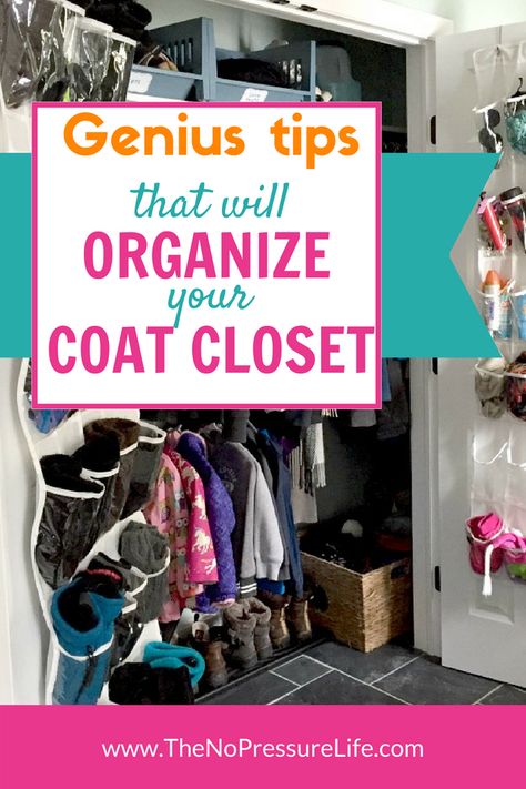 These coat closet organization ideas are brilliant and so easy to DIY for cheap! We now have the perfect storage system for our front entry. Learn how we did it! #organization #closetorganization #coatcloset #organizedhome #mudroom via @nopressurelife Coat Closet Organization Ideas, Coat Closet Organization Front Entry, Entry Closet Organization, Clutter Hacks, Organizing House, Closet Organization Cheap, Entry Storage, Front Closet, Coat Closet Organization