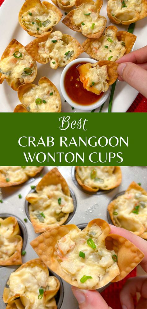 Crab Rangoon Wonton Cups Crab Rangoon Muffin Tin, Cranberry Brie Wonton Cups, Crab Wonton Cups, Crab Rangoon Baked Easy, Seafood Wonton Cups, Wonton Crab Rangoon, Chicken Bacon Ranch Wonton Cups, Appetizer Recipes With Wonton Wrappers, Crab Rangoon Roll Ups