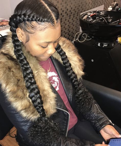 pintrest//babylaaa🍒 2 Cornrows With Curly Ends, 2 Feed In Braids With Curly Ends, Cornrows With Curly Ends, 2 Cornrows, 2 Feed In Braids, Braids With Curly Ends, Feed In Braids, Feed In Braids Hairstyles, French Braids