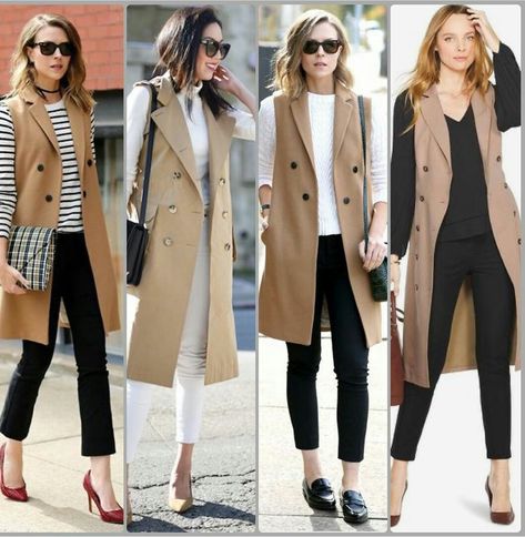 Chic Vest Outfits For Women, Brown Long Vest Outfit, Vest Overcoat Outfit, Sleeveless Coats For Women, Beige Vest Blazer Outfit, Long Tan Vest Outfits For Women, Blazer Vest Outfits For Women Fall, Blazer No Sleeves Outfit, Sleeveless Blazer Outfits For Women