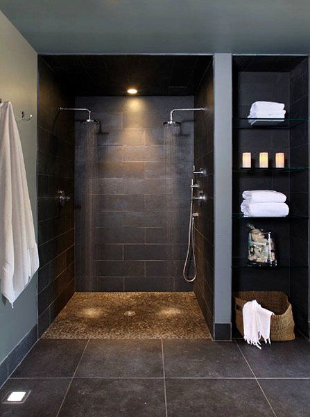 His and Hers Shower Doorless Shower Design, Spa Bathroom Design, Shower Remodel Diy, Mini Bad, Doorless Shower, Bathroom Shower Design, Shower Designs, Contemporary Shower, Bedroom Decor For Couples