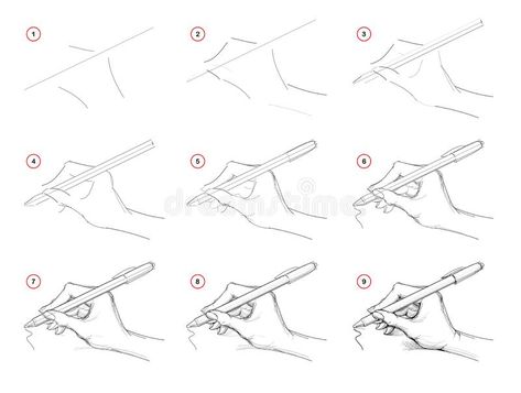 How to draw step-wise imaginary sketch of a hand writing with a pen. Creation step by step pencil drawing. stock illustration Person Writing Drawing, Person Writing Drawing Reference, Step By Step Sketches, Hands Tutorial, Beginner Sketches, Alice In Wonderland Drawings, Draw Hands, How To Draw Steps, Nature Sketch