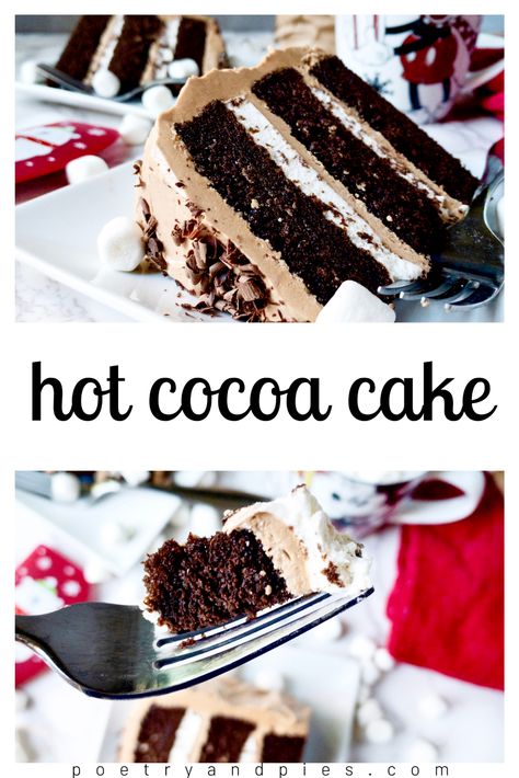 Hot Cocoa Cake — Poetry & Pies Hot Cocoa Buttercream, Cakes For December Birthdays, Hot Coco Cake Recipe, Peppermint Hot Chocolate Cake, Hot Cocoa Frosting, From Scratch Cake Recipes, Christmas Cake Flavors, Hot Cocoa Cake Recipe, Hot Cocoa Cake