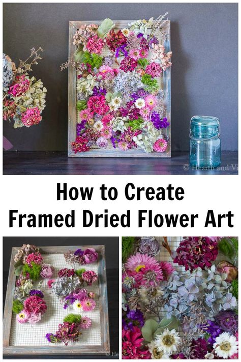 See how fun and easy this beautiful dried flower framed art piece is to make. Purchase or dry your own flowers and re-use an old canvas frame and some mesh to hold it all together. Art With Dried Flowers, Dried Flower Art, Pressed Flowers Diy, Dried Flowers Diy, Dimensional Art, Flower Shadow Box, Flower Window, Garden Crafts Diy, Farm Market