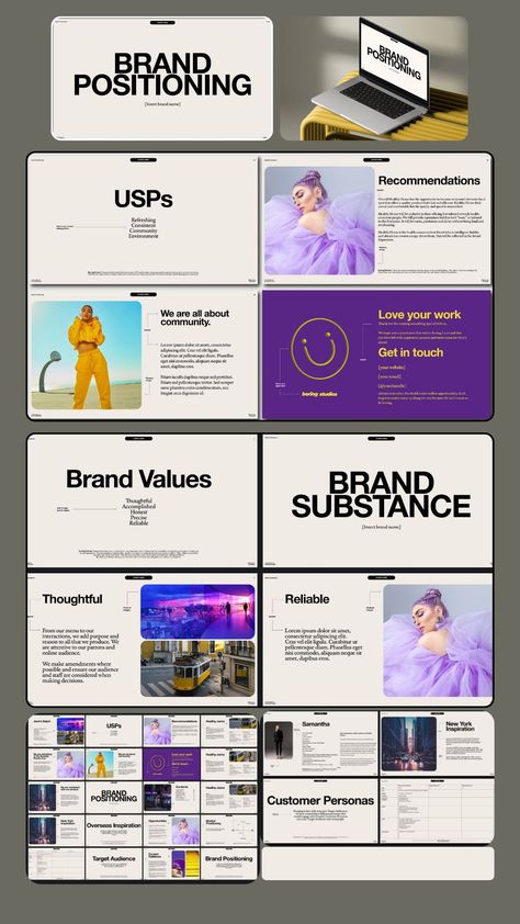 Brand Strategy Presentation Design, Branding Presentation Template, Branding Strategy Templates, Brand Strategy Deck, Marketing Presentation Template, Strategy Presentation Design, Brand Design Presentation, Fun Presentation Ideas, Brand Book Layout