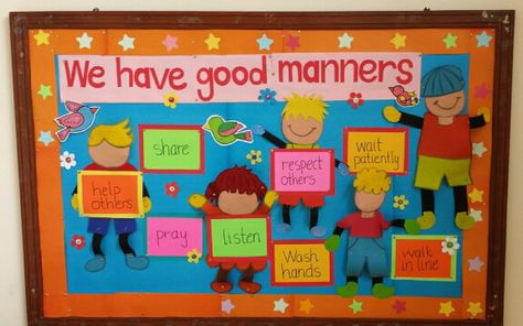 Bulliten board on good manners For more ideas  https://m.facebook.com/profile.php?id=327176980688511 Good Manners Bulletin Board Ideas, Good Manners Chart For Preschool, Good Manners Chart For Classroom, Manners Chart, Fun Preschool Worksheets, Family Crafts Preschool, Soft Board Decoration, Display Boards For School, Soft Board