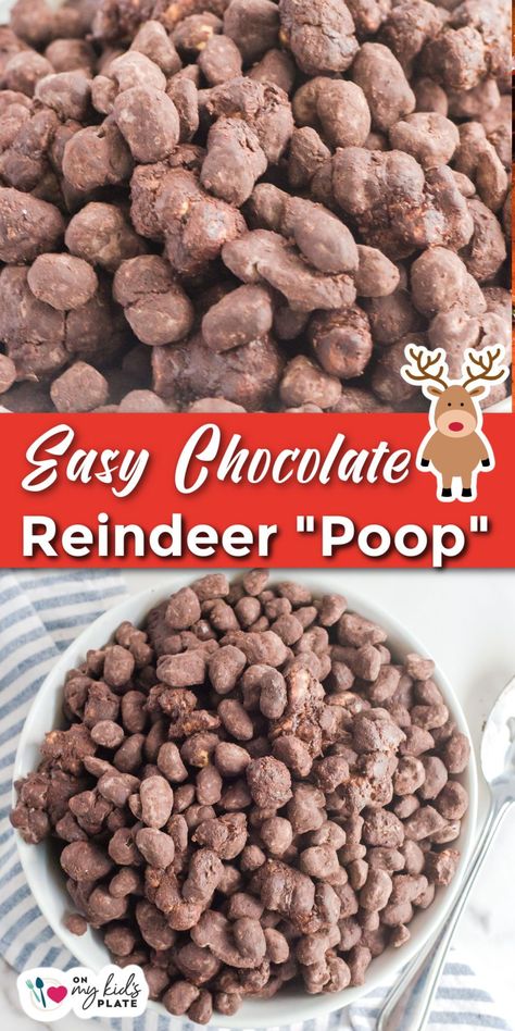 This Reindeer Poop recipe is a hilarious chocolate cereal treat that kids will love making. Surprise them with this delicious Christmas snack. Cereal Snack Mix Recipes Kids, Reindeer Crunch Recipe, Christmas Chow Mix Reindeer Food, Reindeer Poop Game, Moose Poop Recipe, Reindeer Poop Recipe, Chocolate Cereal Treats, Reindeer Chow Recipe, Chocolate Snack Mix