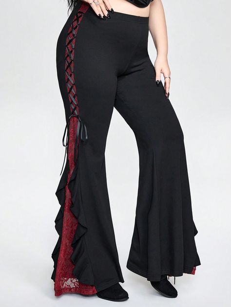 Plus Size Women Dark Punk Color Block Lace Patchwork Ribbon Bow Bell Bottom Trousers Black Elegant   Knitted Fabric Colorblock,Halloween,Plain Flare Leg Medium Stretch  Women Plus Clothing, size features are:Bust: ,Length: ,Sleeve Length: Gothic Bell Bottoms, Goth Bell Bottoms, Victorian Trousers, Flared Black Pants, Punk Plus Size, Goth Plus Size, Punk Clothes, Plus Size Goth, Bell Bottom Trousers