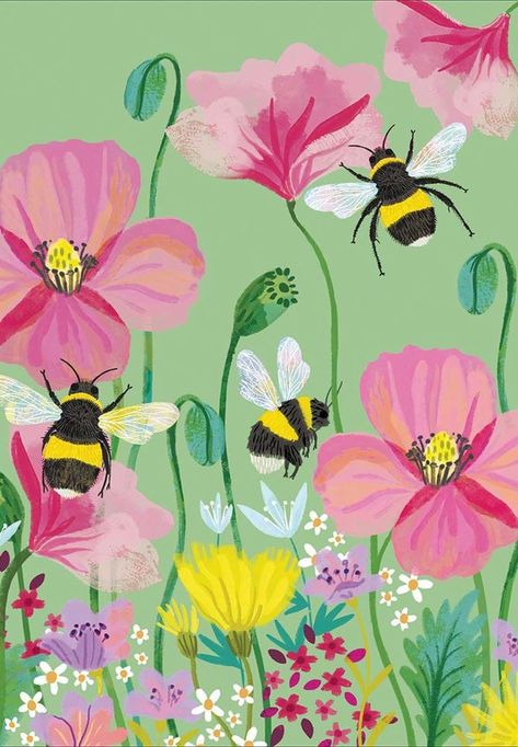 Garden Mural, Bee Painting, Bee Illustration, Watercolor Art Lessons, Flower Art Painting, Freelance Illustrator, Greetings Card, Fabric Painting, 그림 그리기