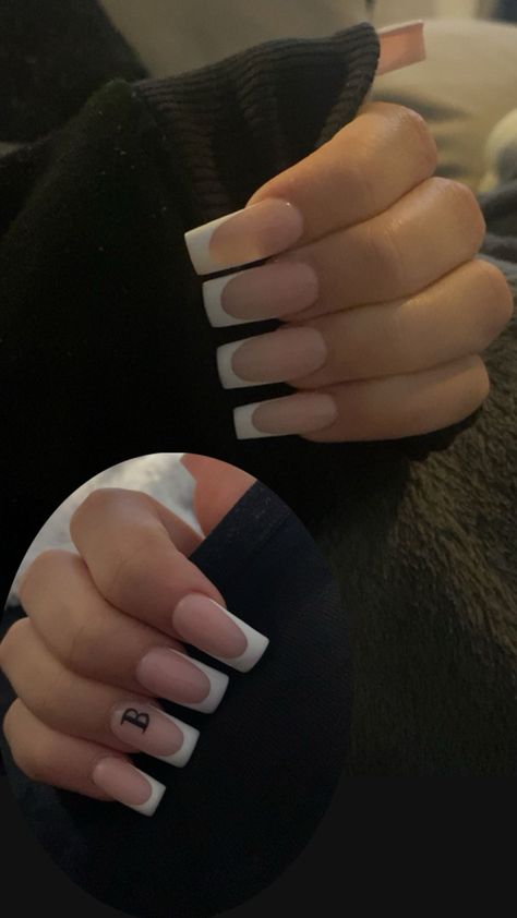 With B initial White French Tip Nails, B Initial, White French Tip, Tip Nails, Acrylic Nails Coffin Short, White French, Acrylic Nails Coffin, French Tip Nails, French Nails