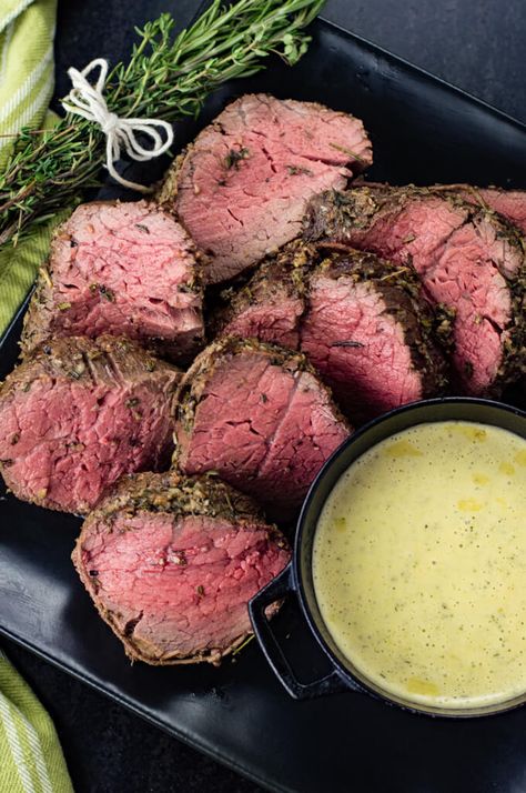 How to cook an easy whole herb-crusted beef tenderloin. This roast is first seared in a cast-iron skillet then baked in the oven to perfect tenderness. The best Christmas Dinner for your holiday table this year. Perfect Beef Tenderloin, Beef Tenderloin Roast Recipes, Creamy Horseradish, Creamy Horseradish Sauce, Beef Tenderloin Recipes, Beef Tenderloin Roast, Roast Beef Sandwich, Tenderloin Roast, Bearnaise Sauce