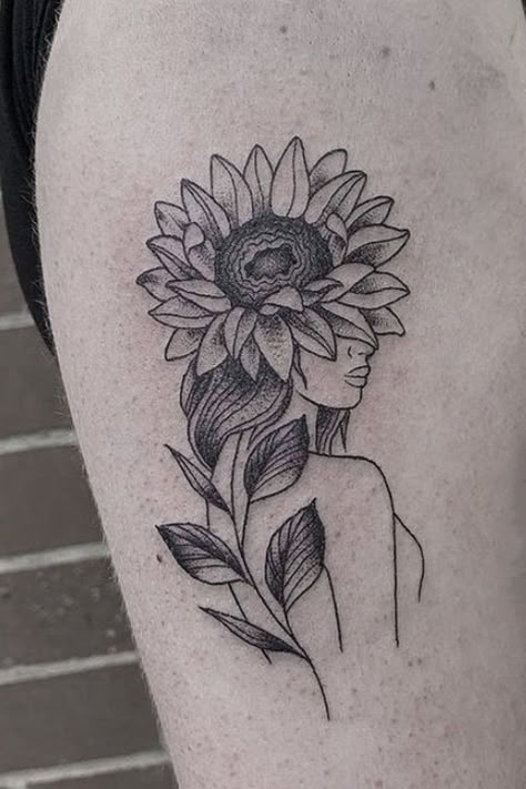 Self Love Arm Tattoos For Women, Self Love Sunflower Tattoo, Sunflower Lady Tattoo, Sunflower Face Tattoo, Creative Tattoo Ideas For Women Unique, Unique Sunflower Tattoos For Women, Sunflower Arm Tattoo, Tattoos Simplistic, Tattoo Ideas Aesthetic