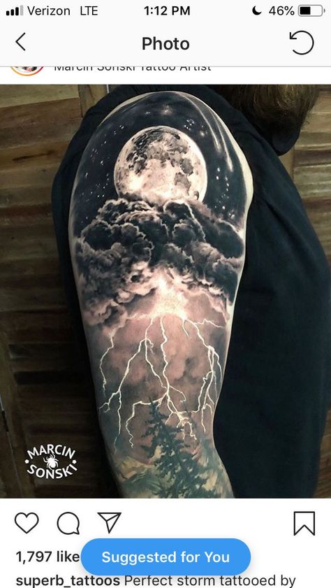 Pin by Lieza Carroll on tats | Nature tattoo sleeve, Arm sleeve tattoos, Storm tattoo Sky Theme Tattoo, Moon Tattoo Upper Arm, Dark Tattoo Cover Up Ideas, Dark Theme Tattoos, Nature Themed Sleeve Tattoo, Nature Themed Tattoos, Night Sky Tattoo, Om Tattoos, Galaxy Tattoo Sleeve