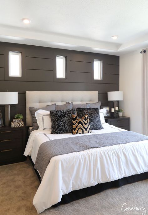 Benjamin Moore Kendall Charcoal, Oakwood Homes, Painting Shiplap, Kendall Charcoal, Grey Accent Wall, Shiplap Accent Wall, Classy Bedroom, Sherwin Williams Paint Colors, Accent Wall Bedroom