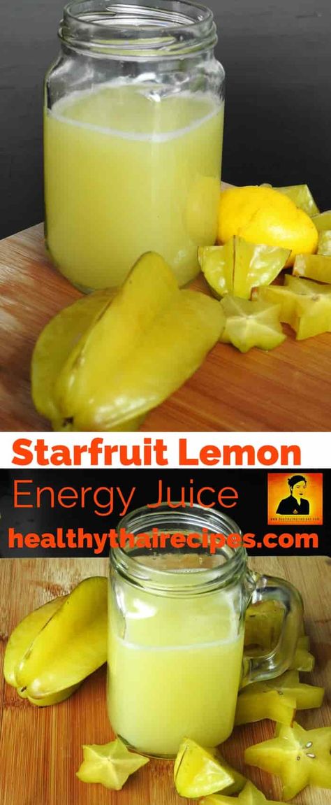 Starfruit lemon energy juice is a fun way to liven up your drink menu. Starfruit Juice Recipe, Fruit Infused Lemonade Recipes, Starfruit Recipes Juice, Starfruit Recipes, Benefits Of Star Fruit, Pineapple Lemon Ginger Juice, Chicken Snack Wrap, Star Fruit Recipes, Healthy Thai Recipes