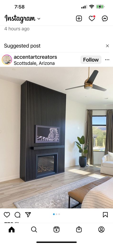 Black Fluted Fireplace Wall, Black Wood Slat Fireplace, Slatted Wall Fireplace, Fireplace Wood Paneling Wall, Slated Wall Fireplace, Black Wood Panel Fireplace Wall, Black Panel Fireplace Wall, Tambour Fireplace Wall, Black Wood Slat Fireplace Wall