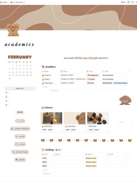 University Notion Setup, Notion Setup Aesthetic School, Notion Korean Aesthetic, School Notion Page, Notion Brown Aesthetic, Academics Notion, Notion Setup Aesthetic, Korean Template, Aesthetic Notion Setup