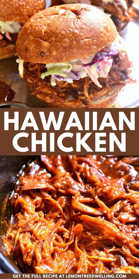 Slow Cooker Hawaiian Chicken is smoky, sweet, and slow cooked to perfection. It's perfect for parties or game days, and especially delicious topped with our creamy Hawaiian Coleslaw! Pulled Hawaiian Chicken Crock Pot, Dinner Ideas Summer Easy, Easy Beach Day Meals, What To Cook At The Beach, Crock Pot Beach Meals, Hawaiian Luau Party Food Dinners, Easy Summer Crock Pot Meals, Easy Crowd Dinners, Bbq Main Dish Ideas