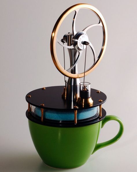 Great stocking stuffer for your favorite nerd:  a Coffee Cup Stirling Engine kit.   I love the simplicity of the Stirling design...Powered by your coffee's heat. Sterling Engine, Steam Engine Model, Stirling Engine, Coffee Energy, Combustion Engine, Nikola Tesla, More Energy, Free Energy, Steam Engine