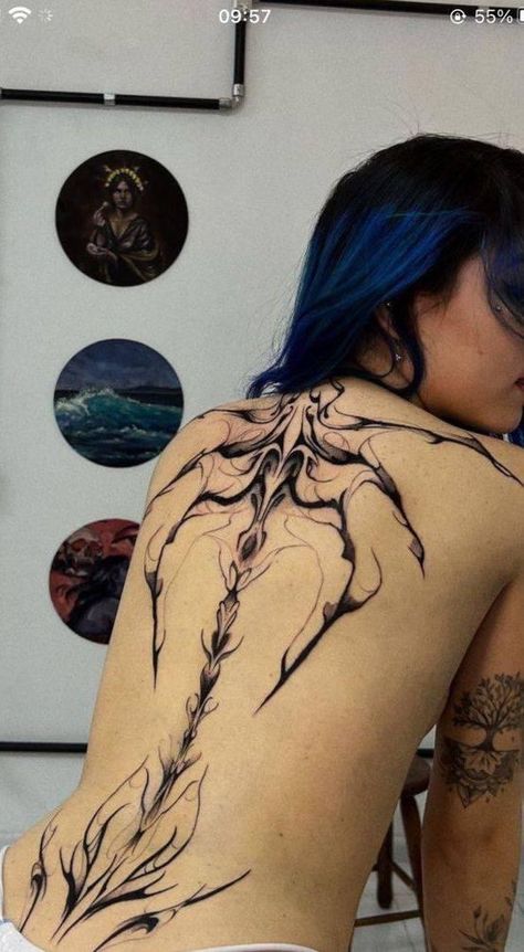 Back Mural Tattoo Women, Cybersyglism Tattoo, Creative Tattoos For Women, Underbust Tattoo, Cool Back Tattoos, Goth Tattoo, Wicked Tattoos, Clever Tattoos, Scary Tattoos