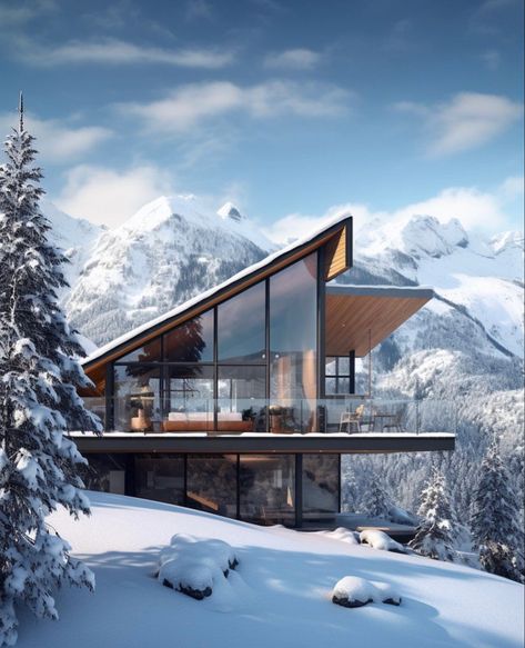 Villa In The Mountains, Winter Glass House, Small Mountain Home Exterior, Mountain Resort Architecture, Modern Ski House, Chalet Architecture, Wooden House Plans, Mountain House Design, Boulder House