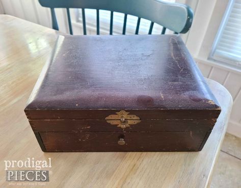 Antique Silverware Box Before | prodigalpieces.com Upcycle Jewelry Box, Diy Jewelry Box, Crafting Decor, Flatware Box, Flatware Chest, Antique Wooden Boxes, Jewelry Box Makeover, Antique Silverware, Jewelry Box Diy