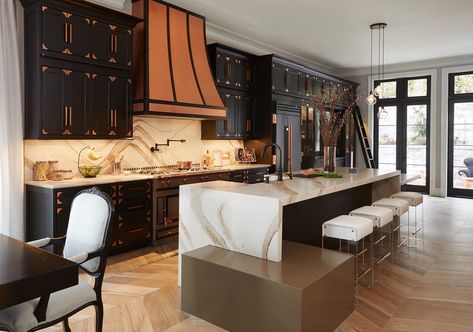 Vanessa Deleon became her own client when she designed a 4,000-square-foot townhouse for her growing family in Edgewater, New Jersey. Luxury Refrigerator, True Residential, Custom Dog Houses, Residential Kitchen, Kitchen New York, Kitchen Cabinet Hardware, Kitchen Hardware, Transitional Kitchen, Black Cabinets