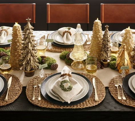 Get The Look: A Warm Holiday Setting | Pottery Barn Pottery Barn Christmas Decor, Pottery Barn Christmas, Holiday Lookbook, Christmas Dining Table, Embroidered Napkins, Rustic Wreath, Holiday Set, Christmas Dining, Christmas Tablescapes