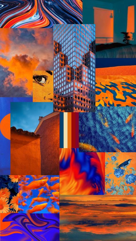 Orange And Blue Moodboard, Blue And Orange Mood Board, Orange And Blue Aesthetic Bedroom, Ginger Sofa, Blue And Orange Aesthetic, Create Character, Sunset Color Palette, Dusk Sky, Orange Icons:)