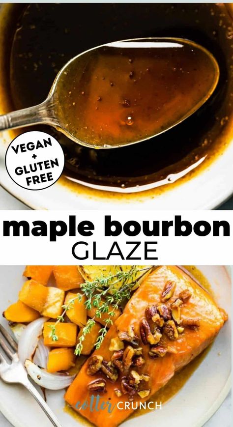 Homemade Maple Bourbon Glaze comes together with just a handful of natural ingredients in a matter of minutes! Use it to make salmon, ham, pork, chicken, carrots, sweet potatoes and desserts (pears or ice cream!)! This maple bourbon glaze is made with simple, lower-sugar ingredients (sugar free with Lakanto) and couldn’t be easier to make. Add 1 teaspoon of vanilla extract if you plan on using this glaze for dessert recipes! Bourbon Dessert, Maple Bourbon Glaze, Carrots Sweet, Bourbon Maple Syrup, Maple Syrup Glaze, Gluten Free Entrees, Chicken Carrots, Salmon Glaze Recipes, Salmon And Sweet Potato