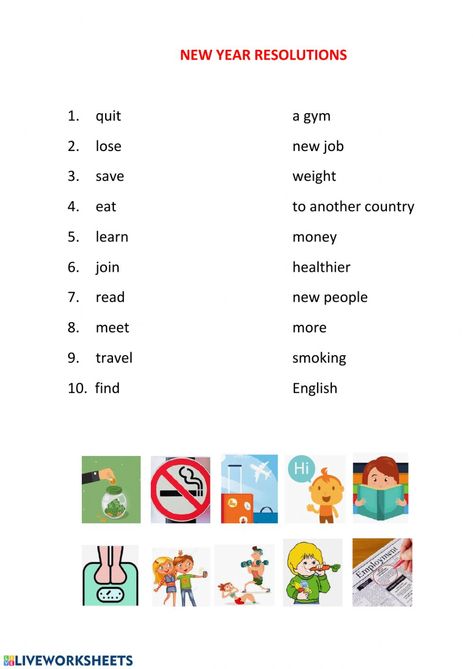 New year resolutions - Interactive worksheet New Year Resolution Worksheet, New Year Resolution, Job 3, New Year Resolutions, Year Resolutions, English As A Second Language (esl), English As A Second Language, School Subjects, Online Workouts