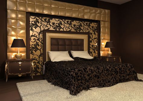 Gold and black theme master bedroom with large area rug. Romantic Interior, Bed Modern, Gold Bedroom, Master Decor, Luxury Bedroom Master, Bedroom Bed Design, Romantic Bedroom, Trendy Bedroom, Decor Minimalist