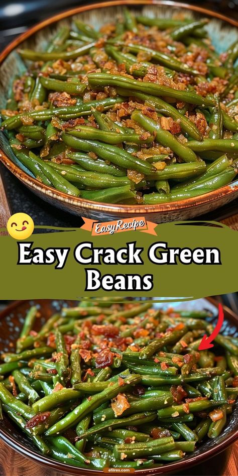 Savor the addictive flavor of Crack Green Beans, tossed in a tantalizing blend of spices and crisp to perfection. A side dish that often steals the show! #GreenBeans #CrackBeans #TastySides Spam And Green Beans, Goat Cheese Green Beans, Green Beans And Peas, Recipes For Green Beans Side Dishes, Creamed Potatoes And Green Beans, Green Bean Wraps, Grandmas Green Bean, Green Vegetable Recipes Side Dishes, Italian Green Beans With Bacon