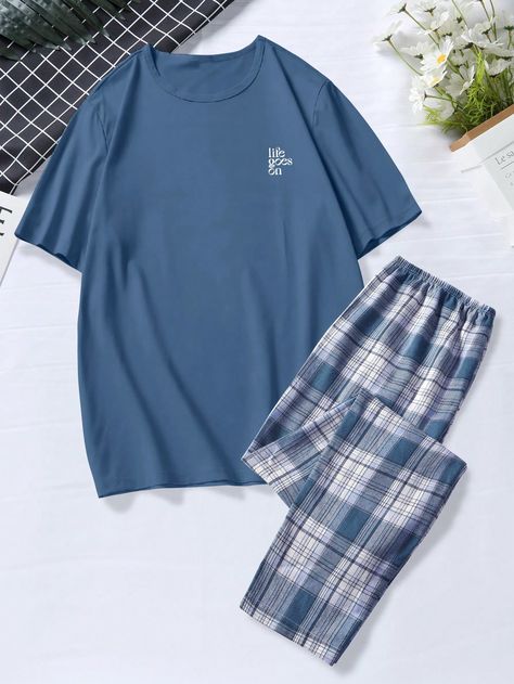 Blue and White  Collar Short Sleeve  Plaid,Slogan Pajama Sets Embellished Slight Stretch  Men Loungewear Pajamas Aesthetic, Boys Pjs, Slogan Graphic Tee, Men Loungewear, Pajama Fashion, Plaid Trousers, Pajama Outfits, Cute Pajama Sets, Aesthetic Grunge Outfit