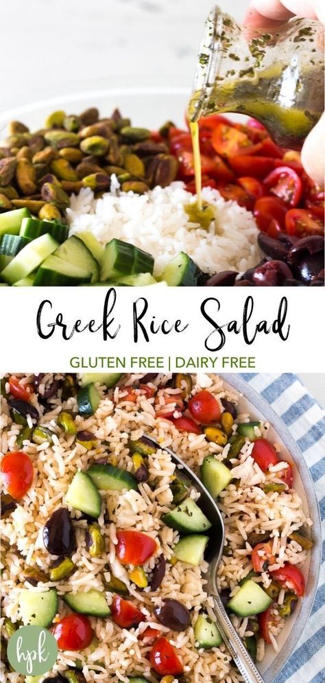 This Greek Rice Salad has only 5 main ingredients, including cucumber and red tomatoes, and is a great healthy summer recipe. With a simple vinaigrette dressing, it’s an easy cold side dish that your family will love (Gluten Free + Vegan) Greek Rice Salad, Cold Rice Salad Recipes, Rice Salad Cold, Greek Rice, Cold Side Dishes, Rice Salad Recipes, Rice Side, Simple Vinaigrette, Cold Side