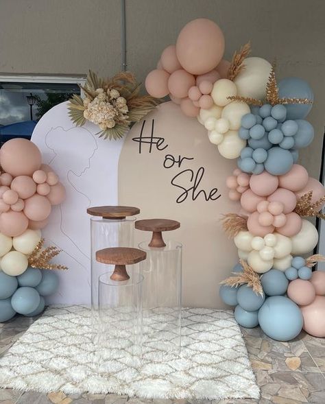 Gender Reveal Decorations Neutral Colors, Backyard Gender Reveal Ideas, Gender Reveal Balloons Arch, Gender Reveal Theme For Party, On Cloud Nine Gender Reveal, Pastel Gender Reveal Decorations, Simple Gender Reveal Backdrop, Boho Gender Reveal Decorations, Gender Reveal Ideas Balloons