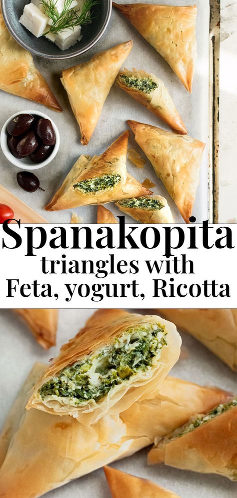 Spinach and Feta triangles are one of the best ways to make a Spanakopita. With the phyllo getting extra crispy cooked this way. And the most delicious spinach filling loaded with cheese and fresh herbs. Seriously yummy stuff!#spanakopita #triangles #mini #feta Spinach And Feta Phyllo Rolls, Upside Down Spanakopita, Spanakopita Recipe Authentic, Spanokita Recipe, Spanikopita Recipes Easy, Spanakopita Recipe Easy, Spanokita Recipe Greek, Spanicopita Recipe, Mini Spanakopita