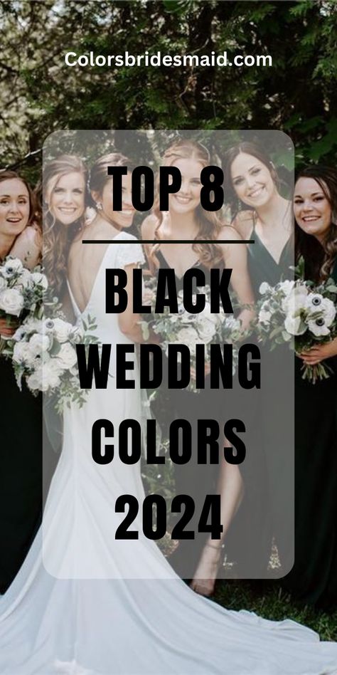 Top 8 Black Wedding Color Themes for 2024 - ColorsBridesmaid Wedding Attire Bridesmaids, Black Gray Wedding Color Schemes, Fall Wedding Color Schemes With Black, Black And White Weddings With A Pop Of Color, Black Wedding Theme Bridesmaid Dress, Black Suit Wedding Groomsmen Color Schemes, Black And White Wedding Accent Color, Wedding Color With Black, Wedding Colors With Black Bridesmaid Dresses