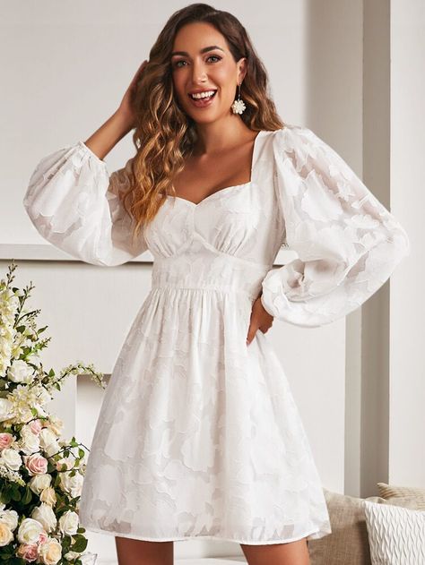 Free Returns ✓ Free Shipping On Orders $49+ ✓. SBetro Jacquard Lantern Sleeve Sweetheart Neck Chiffon Dress- Women Dresses at SHEIN. Confirmation Dresses White, Puff Long Sleeve Dress, Confirmation Dresses, Engagement Photo Dress, Fancy Short Dresses, Dress With Puffy Sleeves, White Ruffle Dress, Short Dress White, White Lace Wedding Dress