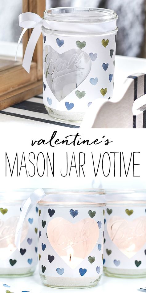 Heart Cut Out Mason Jar Votive - Easy Valentine Craft with Mason Jars and Scrapbook Paper Valentine Mason Jar, My Twenties, Easy Valentine Crafts, Valentine Craft, Valentines Inspiration, Valentines Crafts, Small Mason Jars, Jar Ideas, Diy Jar Crafts